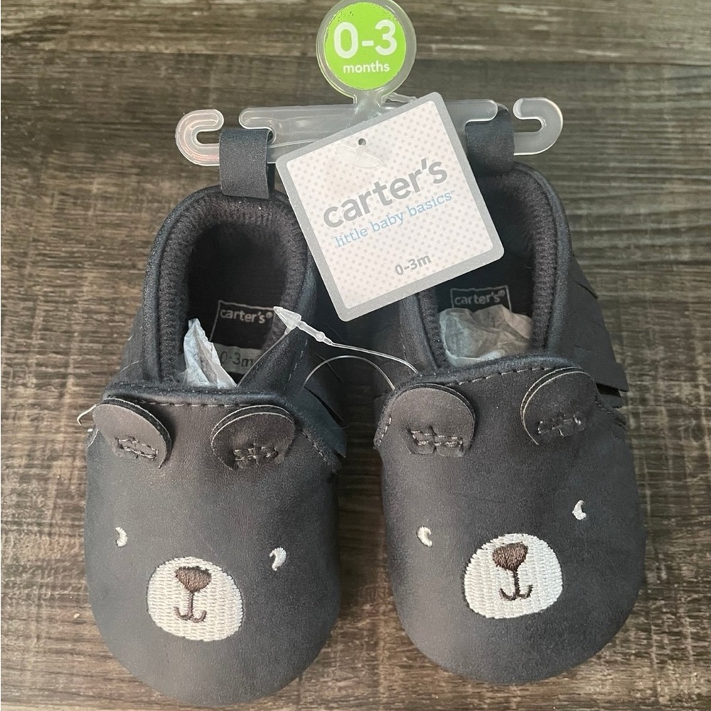NWT Carters Baby Navy Blue Bear Moccasins Size 0-3 Months